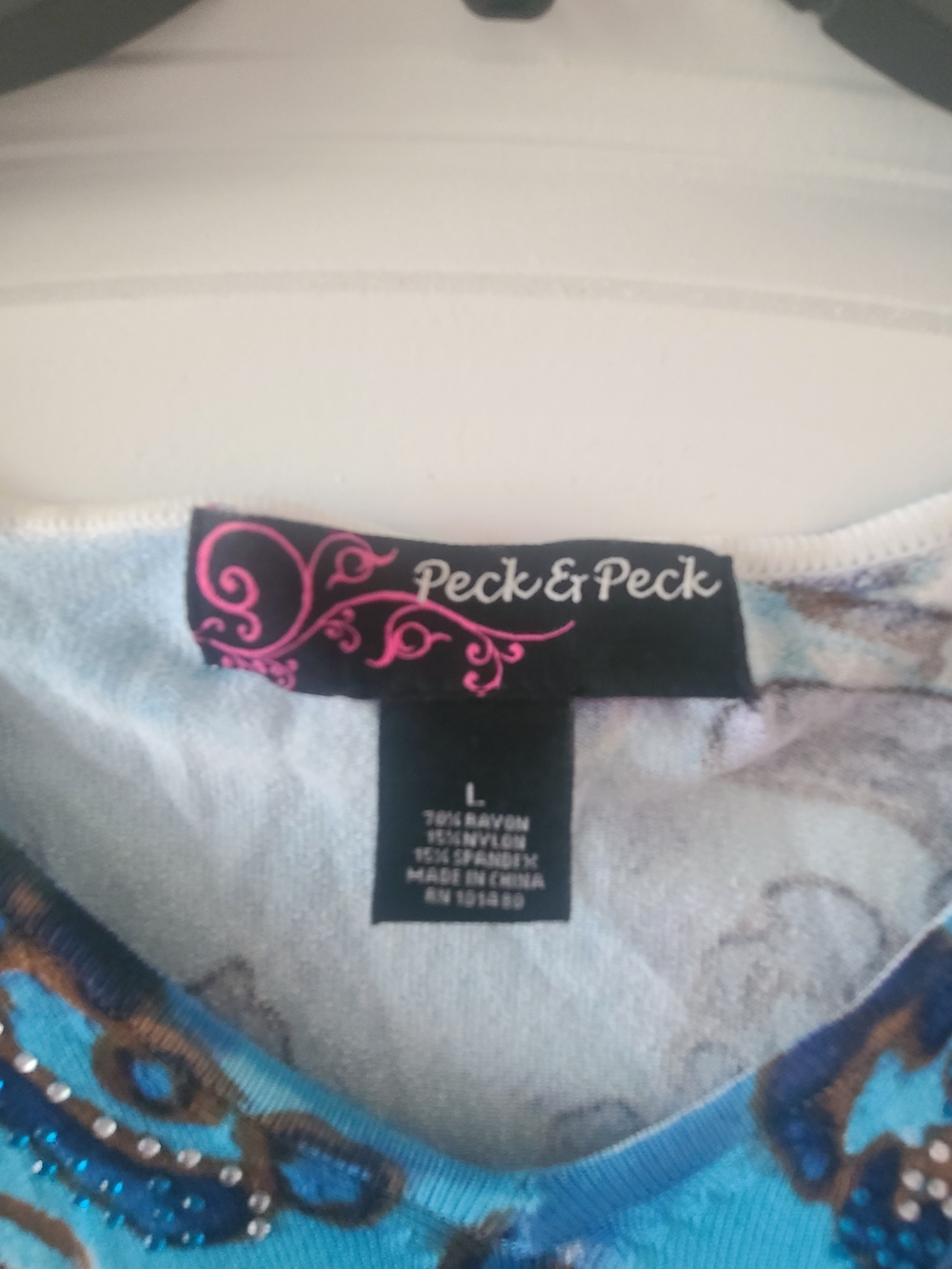 Peck & Peck Blue Tie-Dye Leopard Print Rhinestone V-Neck Long Sleeve Top - Picture 3 of 7